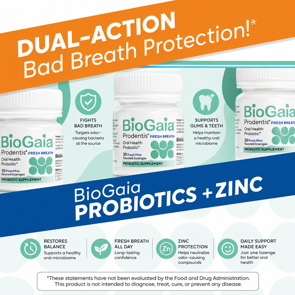 BioGaia Fresh Breath Dental Probiotic Lozenges with Zinc
