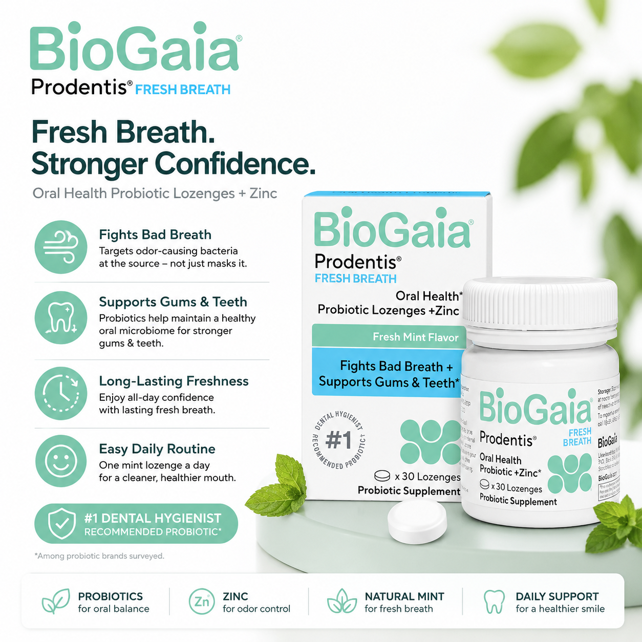 BioGaia Fresh Breath Dental Probiotic Lozenges with Zinc