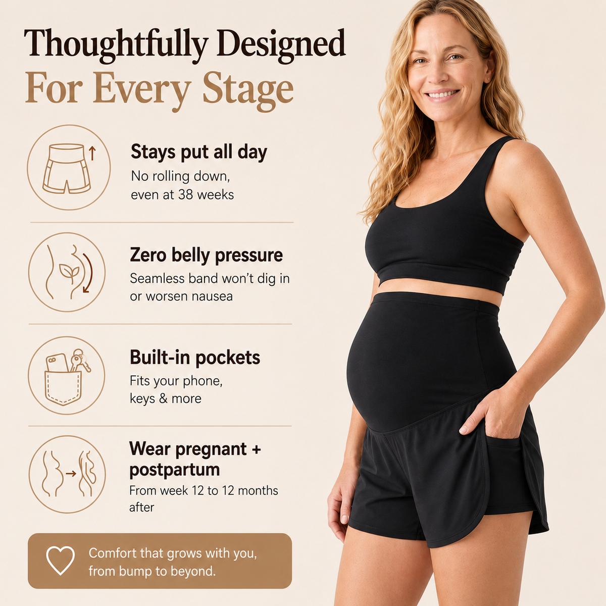 TRUEMADE™ Maternity Bump Shorts | Non-Roll Over-Belly Support