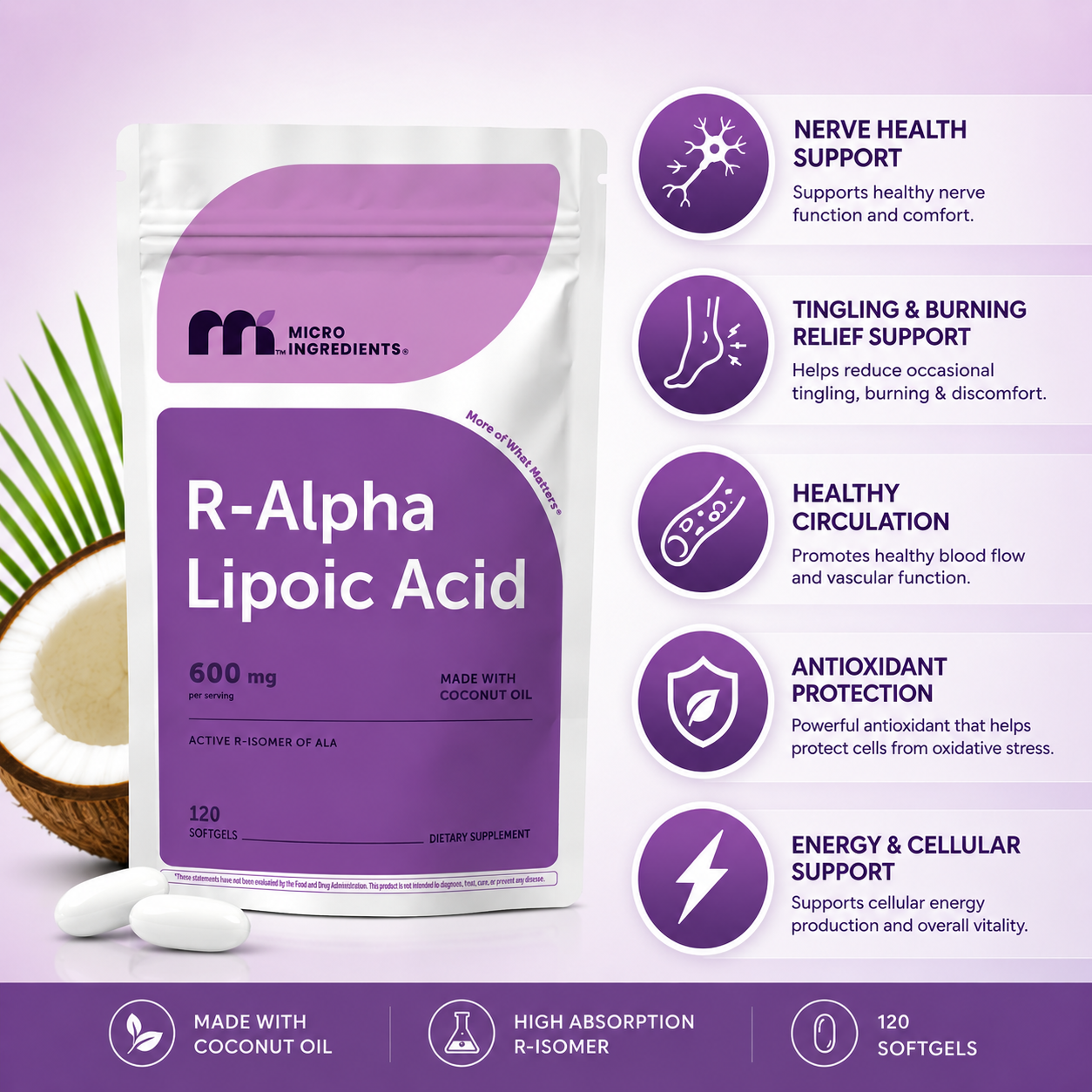 Micro Ingredients R Alpha Lipoic Acid 600mg with Coconut Oil, 120 Softgels